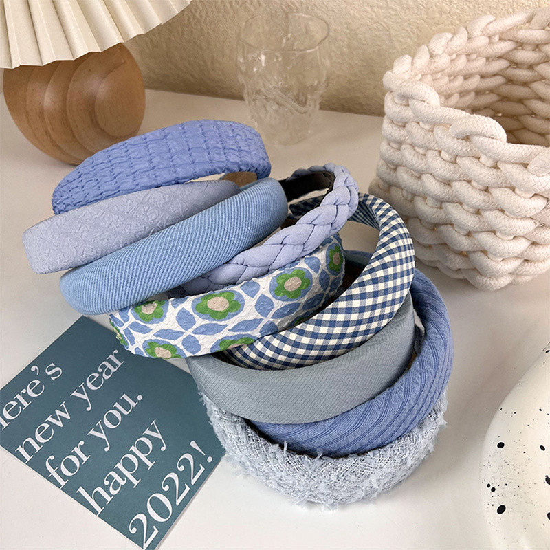 Benzile de păr late de modă pentru femei Tochiu de cap cu lunetă Solid albastru în carouri Bentita de păr pentru fete Banda de păr Cerc Accesorii de păr