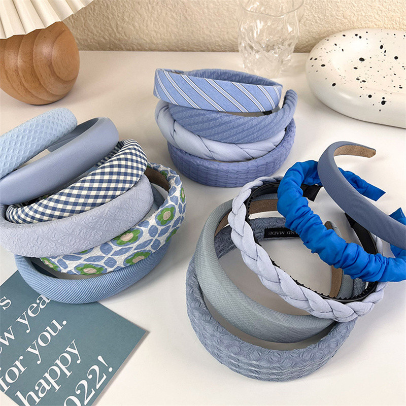 Benzile de păr late de modă pentru femei Tochiu de cap cu lunetă Solid albastru în carouri Bentita de păr pentru fete Banda de păr Cerc Accesorii de păr