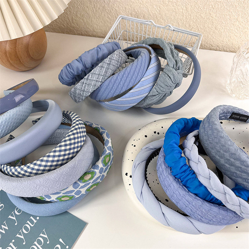 Benzile de păr late de modă pentru femei Tochiu de cap cu lunetă Solid albastru în carouri Bentita de păr pentru fete Banda de păr Cerc Accesorii de păr