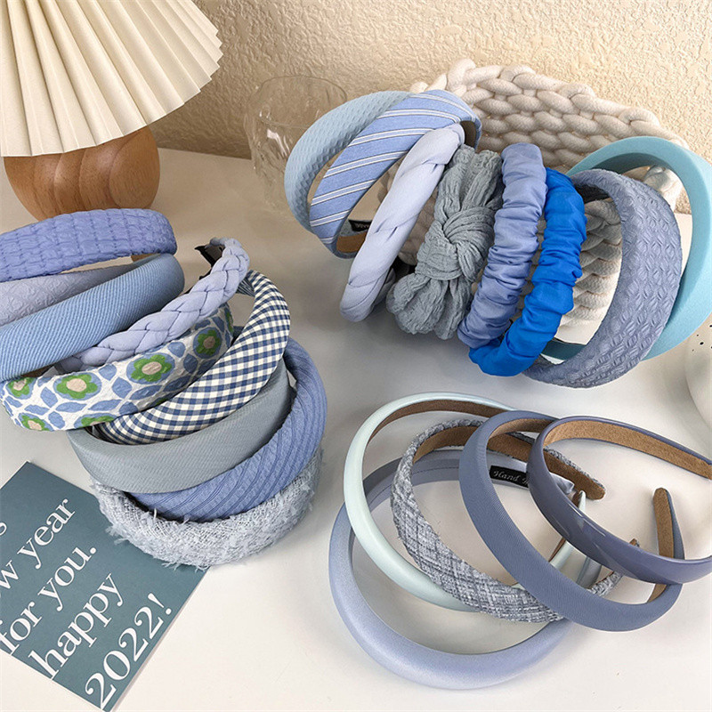 Benzile de păr late de modă pentru femei Tochiu de cap cu lunetă Solid albastru în carouri Bentita de păr pentru fete Banda de păr Cerc Accesorii de păr