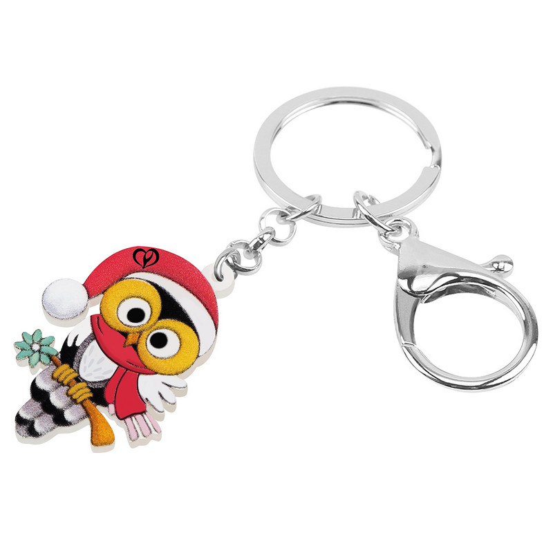 BONSNY acrilic drăguț desene animate Crăciun pălărie roșie eșarfă bufniță păsări brelocuri la modă breloc mașină inel bijuterii pentru femei cadouri pentru adolescenți