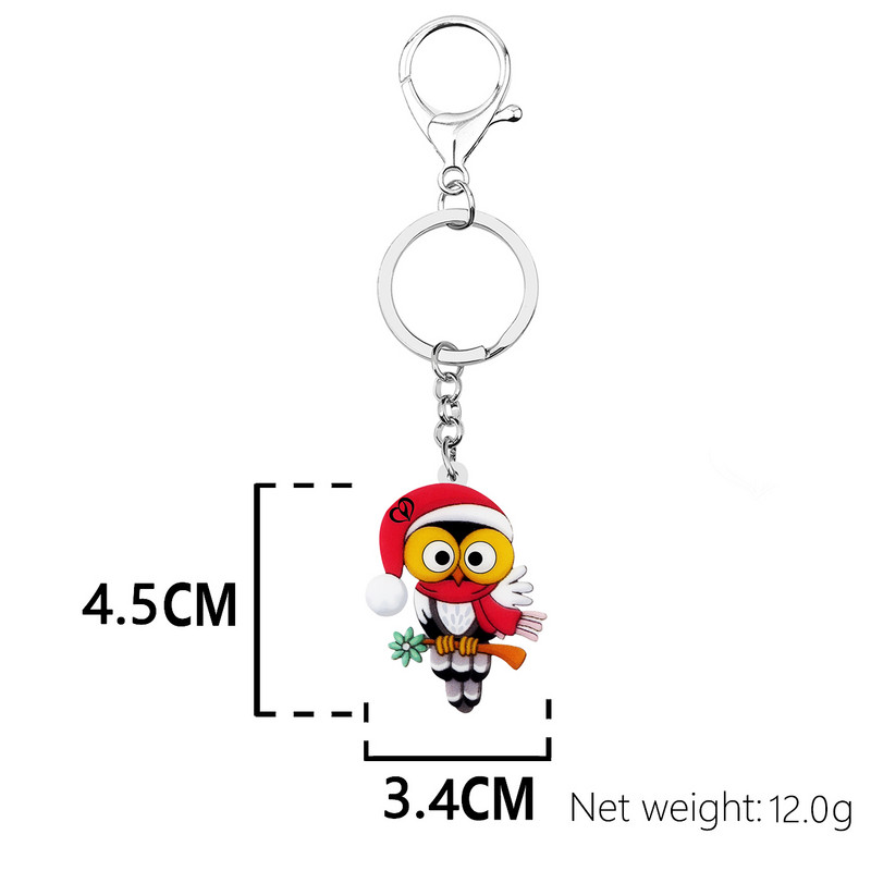 BONSNY acrilic drăguț desene animate Crăciun pălărie roșie eșarfă bufniță păsări brelocuri la modă breloc mașină inel bijuterii pentru femei cadouri pentru adolescenți