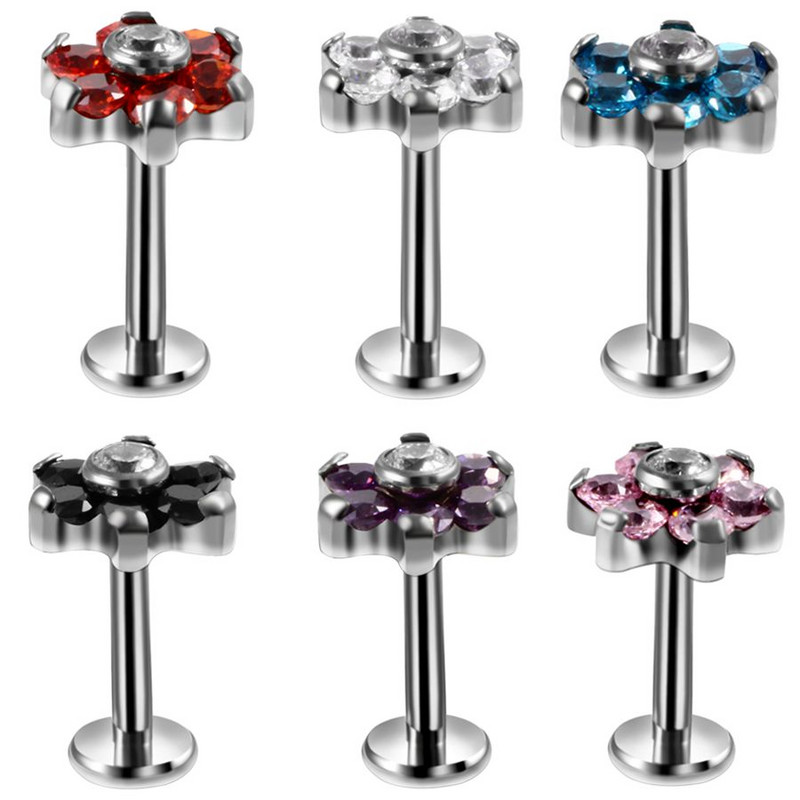 Fashion 1PC G23 Titanium Flower Labret Lip Bar Ineles 16g Prong Zircon Cartilajul urechii Tragus Helix Piercing Cercei Bijuterii pentru fete