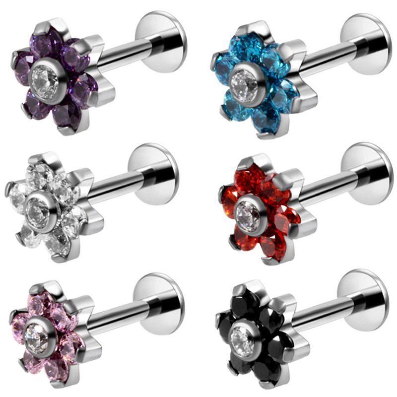 Fashion 1PC G23 Titanium Flower Labret Lip Bar Ineles 16g Prong Zircon Cartilajul urechii Tragus Helix Piercing Cercei Bijuterii pentru fete