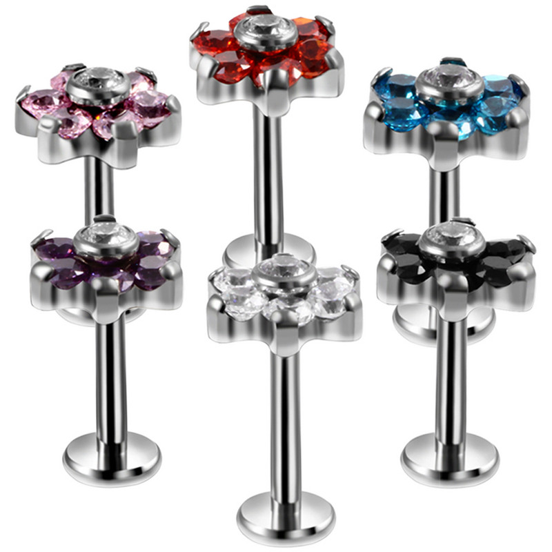 Fashion 1PC G23 Titanium Flower Labret Lip Bar Ineles 16g Prong Zircon Cartilajul urechii Tragus Helix Piercing Cercei Bijuterii pentru fete