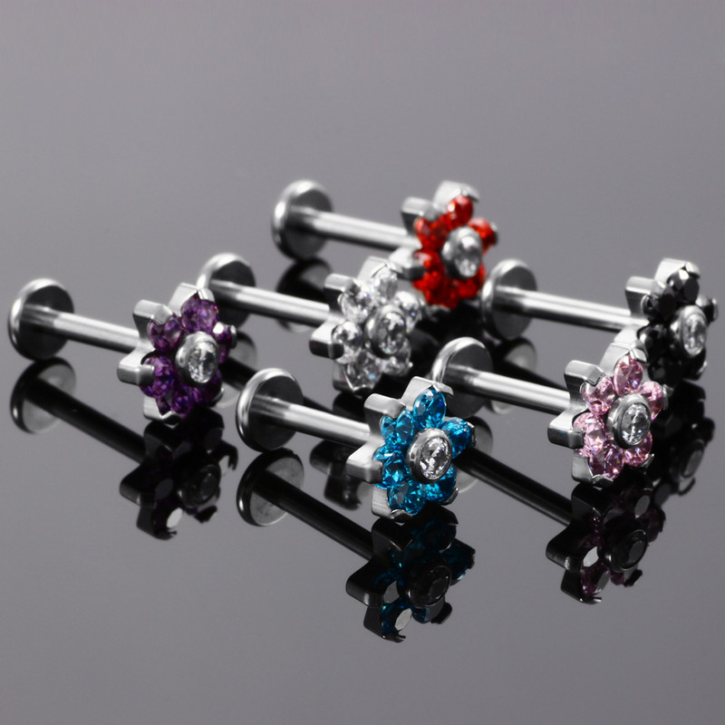 Fashion 1PC G23 Titanium Flower Labret Lip Bar Ineles 16g Prong Zircon Cartilajul urechii Tragus Helix Piercing Cercei Bijuterii pentru fete