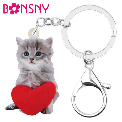 Bonsny Acrilic Ziua Îndrăgostiților Inimă Pisică Pisicuță Breloc Inele Brelocuri Animale Pentru Femei Fată Adolescent Geanta Portofel Auto Decoratiuni