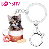 Bonsny acrilic ceașcă de cafea pisoi pisică breloc breloc unic modă animale animale de companie bijuterii pentru femei fete farmece o mulțime de decorare