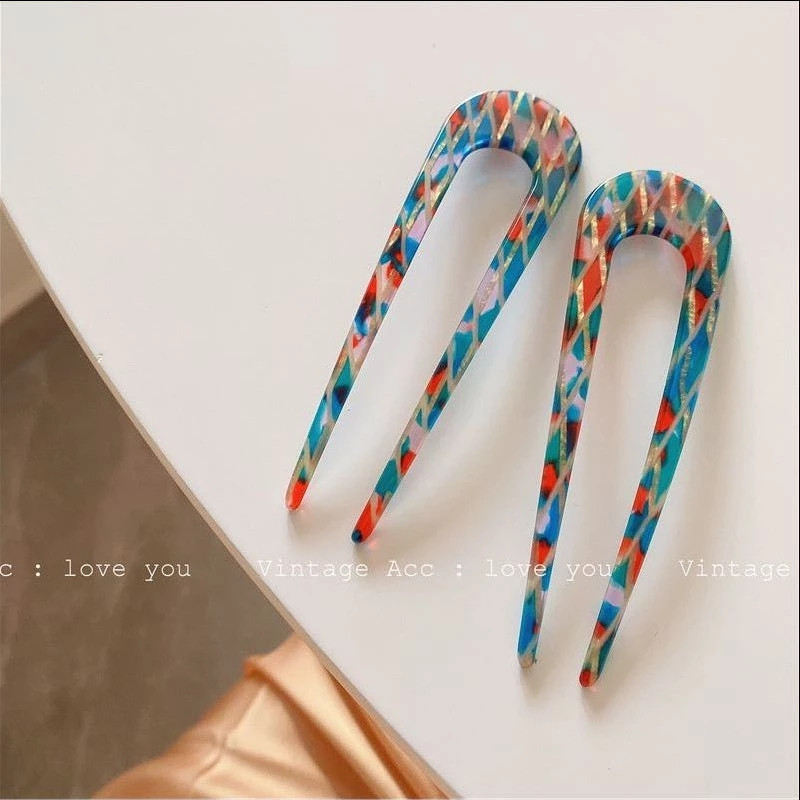 2021 m. retro spalvinga akrilo U formos geometrinė plaukų lazdelės Paprasta juodai balta tinklelis netaisyklingas lygus plaukų segtukas mergaitėms