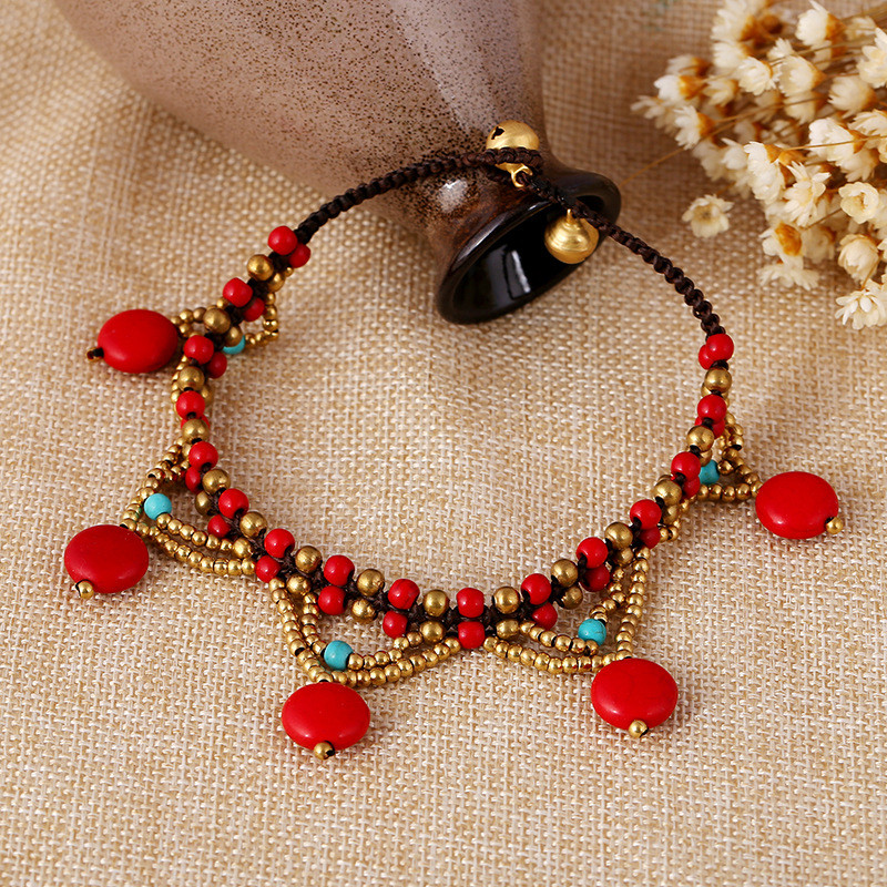 Pandantiv etnic triunghi gol, frânghie de ceară, margele boho, gleznă, bijuterii, lanț, sandale desculțe, brățară pentru picioare, pentru femei, cadou