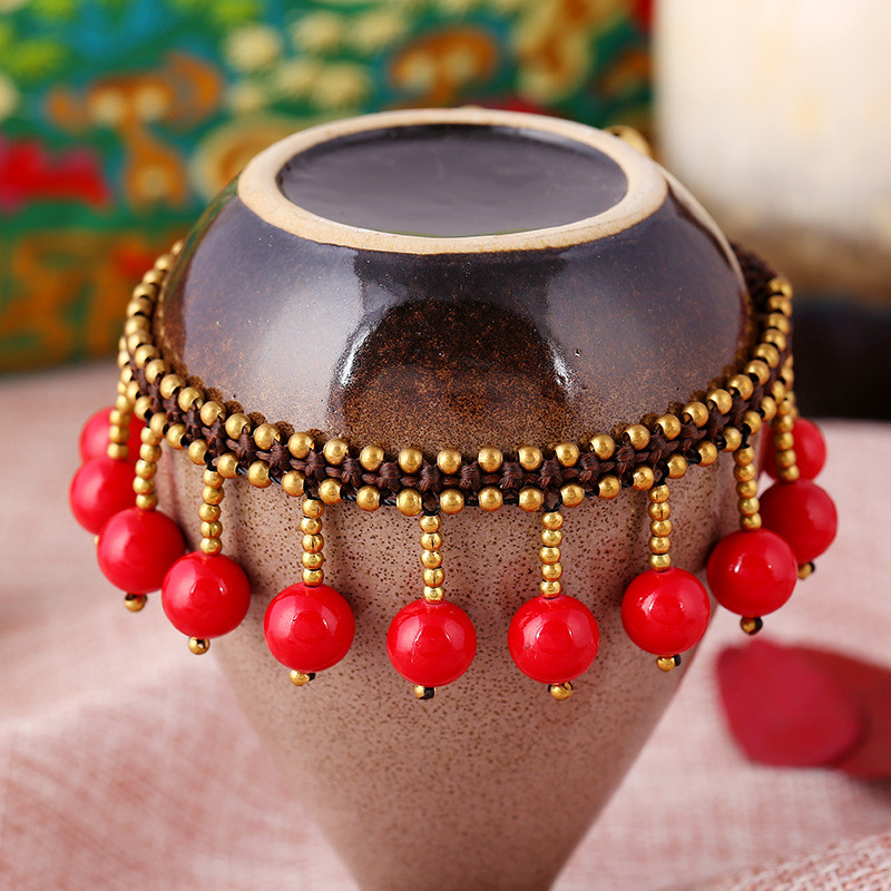 Rankų darbo pintos kulkšnies apyrankės sandalai nuotakos batai basomis kojomis paplūdimio senoviniai kutai raudoni karoliukai kulkšniai moterims jogos papuošalai