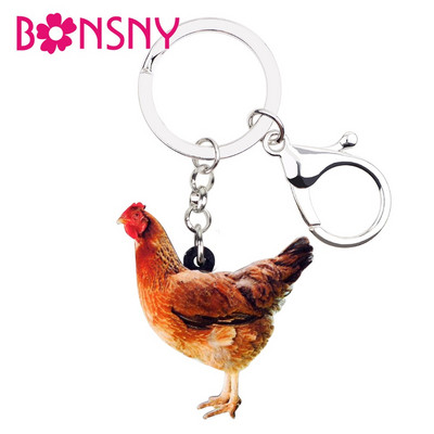 Bonsny Statement Acrylic Farm Chicken Hen Ключодържатели Ключодържатели Пръстен птици Бижута за животни за жени Момичета Дамска чанта Талисмани на едро