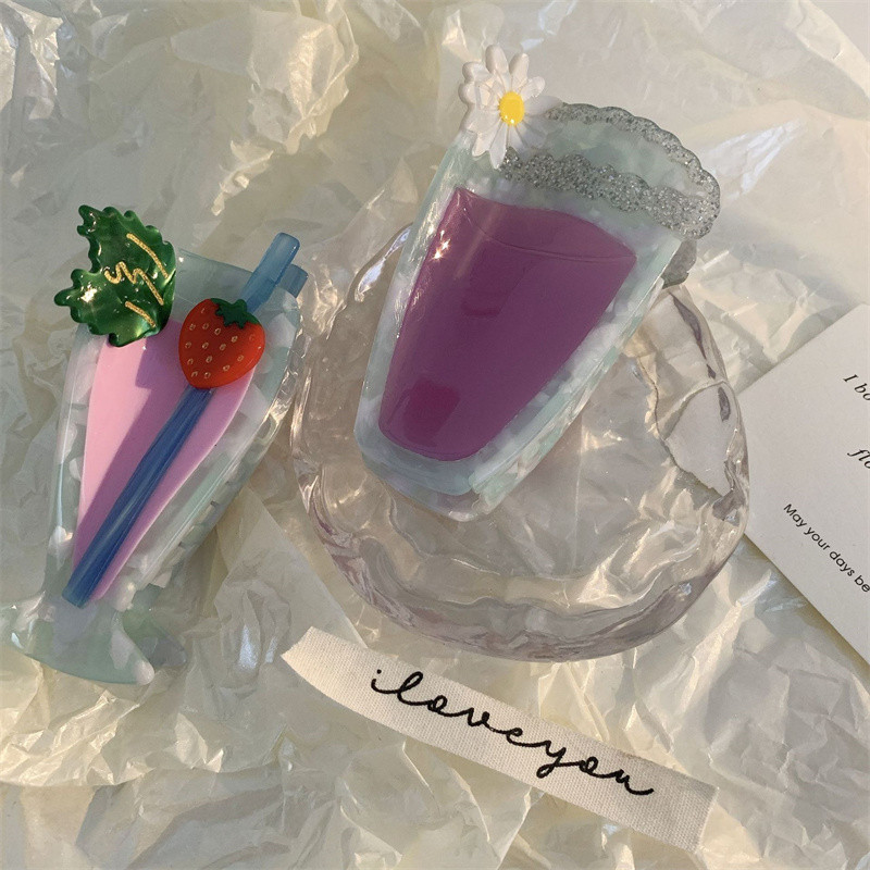 Корейска модна шнола за коса с ацетат Плажна чаша за коктейл Грабнете щипка за коса Ягода Мохито Нокът за коса за жени