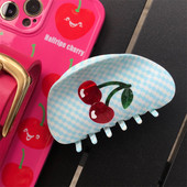 Summer Limited Girl Sweet Red Cherry Cream Blue Plaid Grab Clip For Women Retro Acetate Hair Claw Hairbly Шпилька за глава