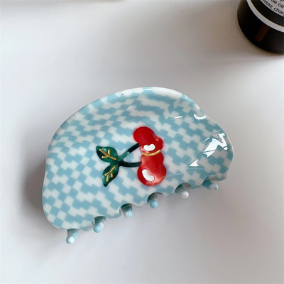 Summer Limited Girl Sweet Red Cherry Cream Blue Plaid Grab Clip For Women Retro Acetate Hair Claw Hairbly Шпилька за глава