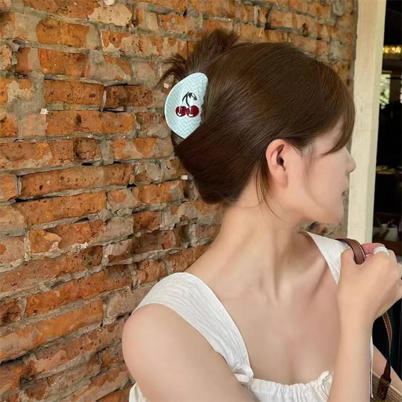 Summer Limited Girl Sweet Red Cherry Cream Blue Plaid Grab Clip For Women Retro Acetate Hair Claw Hairbly Шпилька за глава