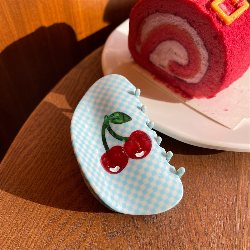 Summer Limited Girl Sweet Red Cherry Cream Blue Plaid Grab Clip For Women Retro Acetate Hair Claw Hairbly Шпилька за глава