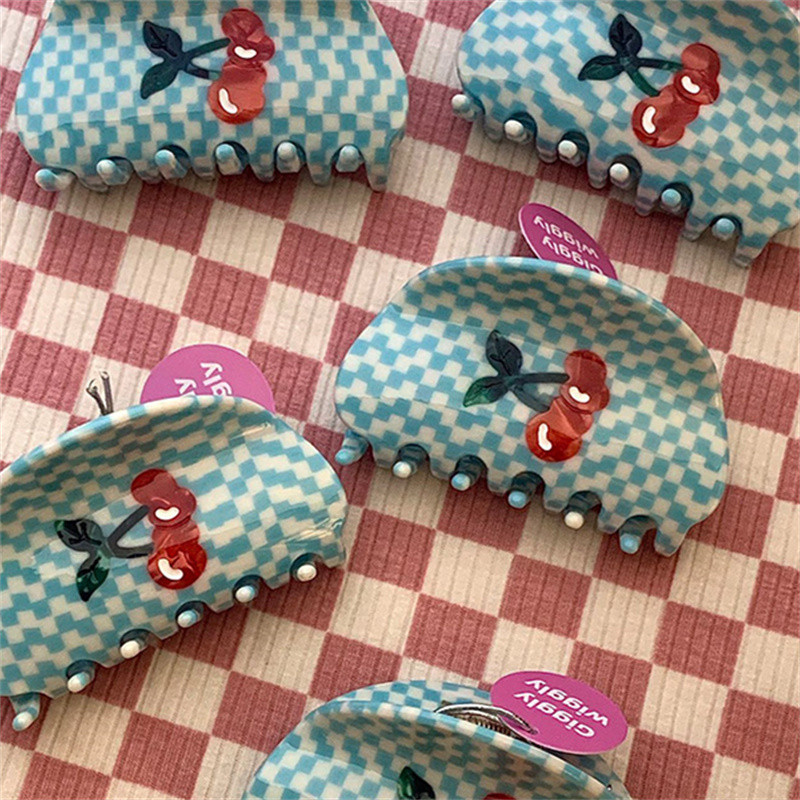 Summer Limited Girl Sweet Red Cherry Cream Blue Plaid Grab Clip For Women Retro Acetate Hair Claw Hairbly Шпилька за глава
