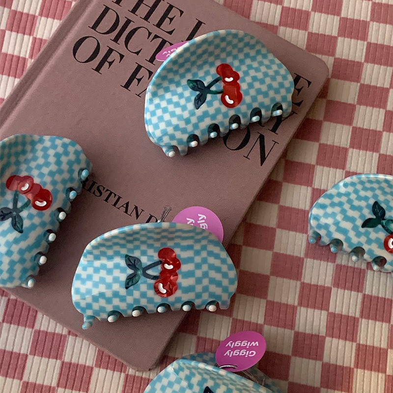 Summer Limited Girl Sweet Red Cherry Cream Blue Plaid Grab Clip For Women Retro Acetate Hair Claw Hairbly Шпилька за глава