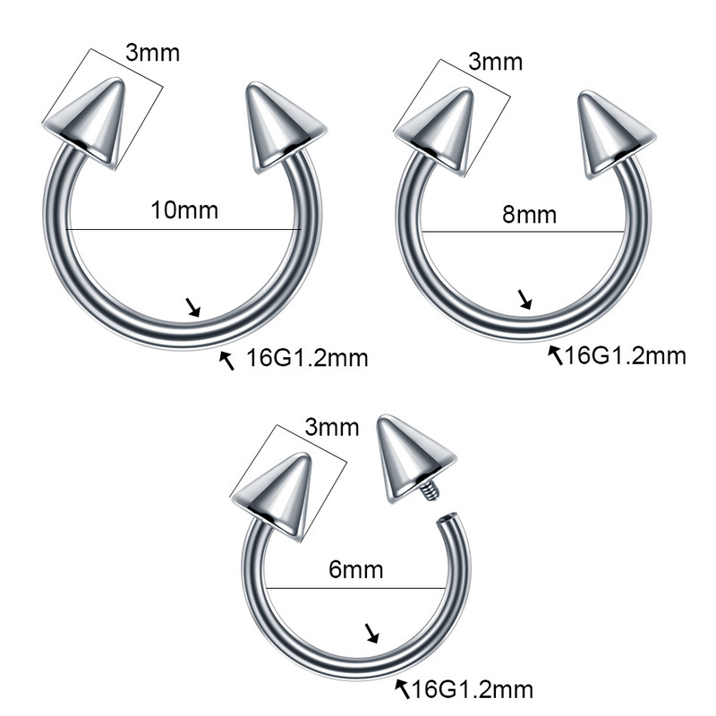 1PC Титанов шип Подкова Пръстени Пиърсинг Вътрешна резба Обръч за нос Преграда Обеца Вежда Устна Спирала Трагус Пиърсинг Бижута