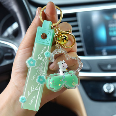 Breloc cu nisip lichid acrilic cu flori de cireș, vaci plutitoare, sticla în derivă, breloc geantă, pandantiv, chei de mașină, accesorii, bijuterii