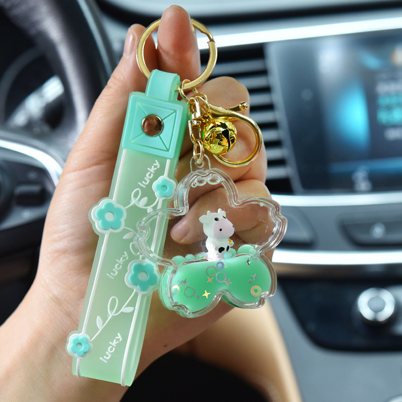 Breloc cu nisip lichid acrilic cu flori de cireș, vaci plutitoare, sticla în derivă, breloc geantă, pandantiv, chei de mașină, accesorii, bijuterii