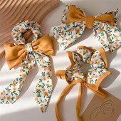 2023 primăvară galbenă pastorală cu fundă florală agrafă lungă panglică scrunchies inel de păr coadă coadă benzi elastice de păr