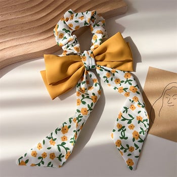 2023 Spring Yellow Pastoral Floral φουρκέτα με φιόγκο μακριά κορδέλα Scrunchies Hair Ring Headdress Ponytail Elastic bands