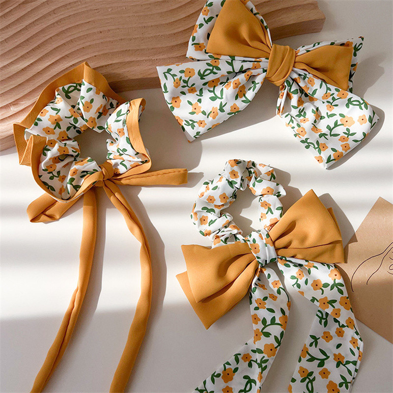 2023 primăvară galbenă pastorală cu fundă florală agrafă lungă panglică scrunchies inel de păr coadă coadă benzi elastice de păr