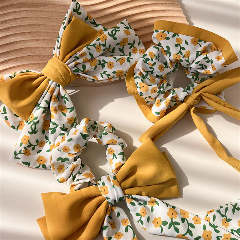 2023 primăvară galbenă pastorală cu fundă florală agrafă lungă panglică scrunchies inel de păr coadă coadă benzi elastice de păr