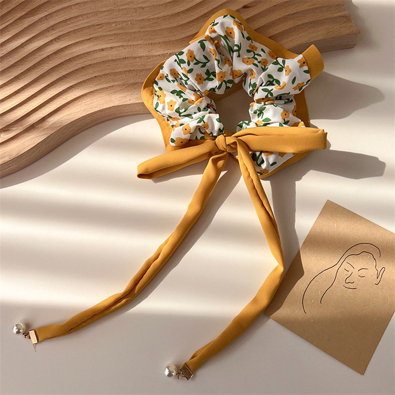 2023 primăvară galbenă pastorală cu fundă florală agrafă lungă panglică scrunchies inel de păr coadă coadă benzi elastice de păr