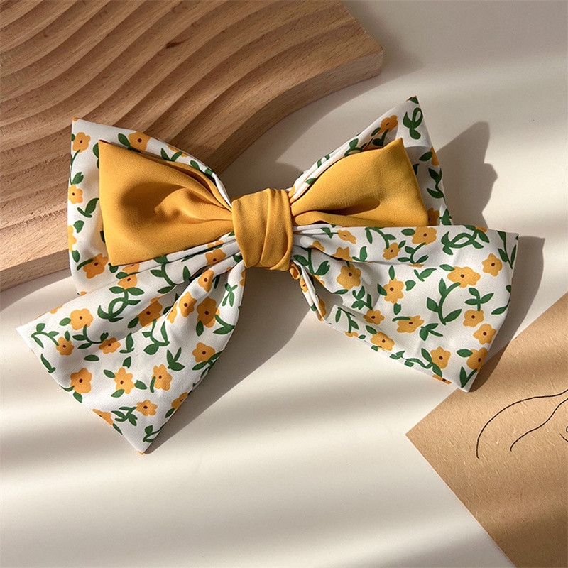 2023 primăvară galbenă pastorală cu fundă florală agrafă lungă panglică scrunchies inel de păr coadă coadă benzi elastice de păr