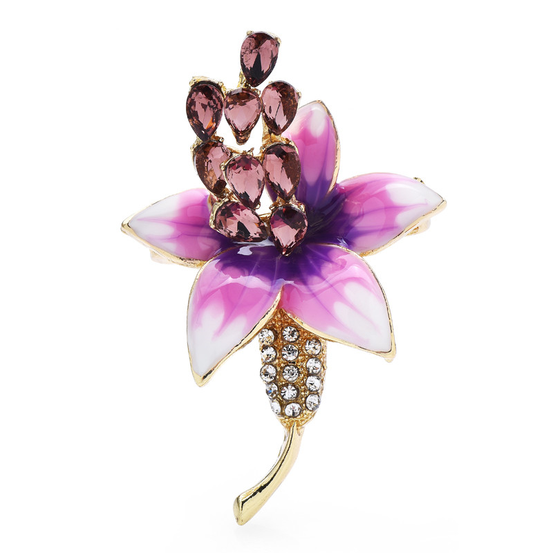 Wuli&baby Broșe cu flori de crin cu stras pentru femei, unisex, 2 culori, email fermecător, pentru petrecere, broșă de birou, cadouri