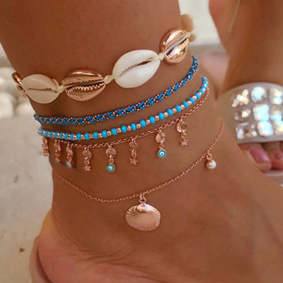 Tocona 5gab/komplekts Bohemian Summer Shell fāzēm potītes sievietēm Rokassprādzes Scallop Star Chain Pludmales rotaslietas Aksesuāri 7075