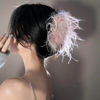 Agrafă de păr de crab cu pene pufoase, agrafă de păr de struț pentru femei, agrafă de rechin, accesorii de păr la modă de iarnă 2022