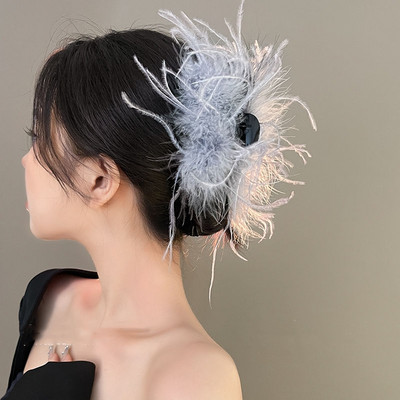 Agrafă de păr de crab cu pene pufoase, agrafă de păr de struț pentru femei, agrafă de rechin, accesorii de păr la modă de iarnă 2022