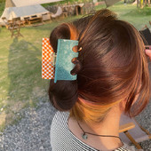 2022, primăvară, vară, roz, verde, culoare contrastantă, gheare de păr în carouri, femei, acetat, cleme de păr, accesorii de păr pentru fete