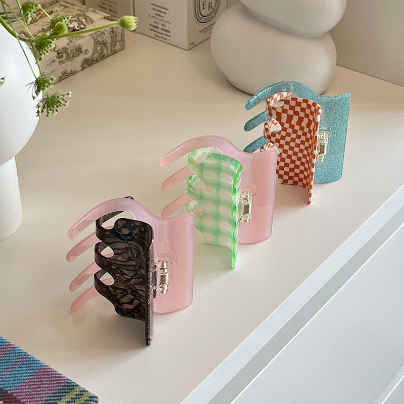 2022, primăvară, vară, roz, verde, culoare contrastantă, gheare de păr în carouri, femei, acetat, cleme de păr, accesorii de păr pentru fete