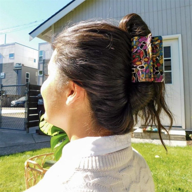 Agraf de păr pătrat cu model geometric abstract, retro, dimensiune mare, acetat, gheare de păr, accesorii de păr Y2K pentru femei