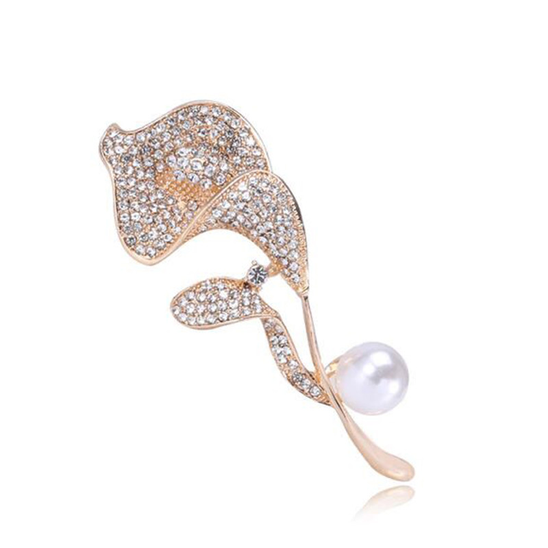 Wuli&baby Broșe cu crin cu stras complet pentru femei, 2 culori, flori de crin perlat, nunți, petrecere, broșă casual, ace, cadouri