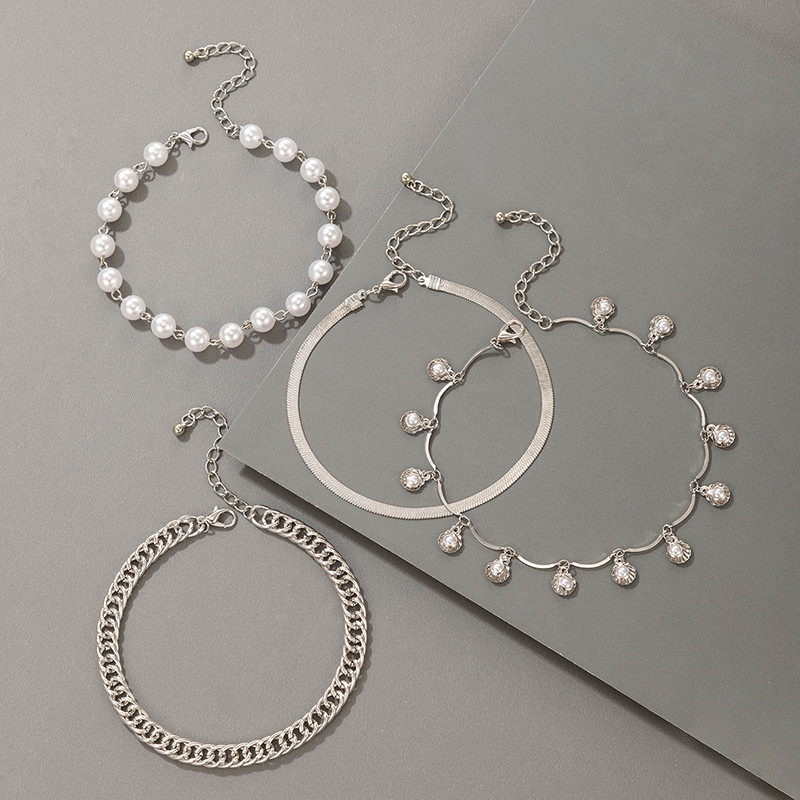 Tocona de lux perla piatra ciucuri glezna pentru femei Brelocuri argintiu aliaj metal reglabil accesorii bijuterii 4buc/set 18761