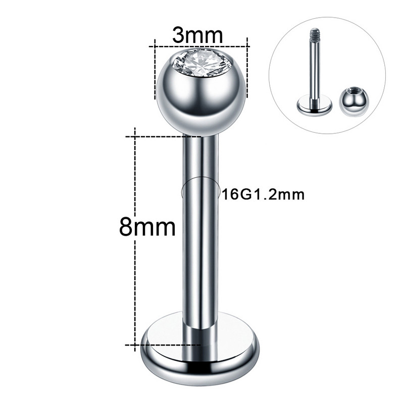 1 DB Titán 16G 14G Labret Tragus Porc fülbevaló Punk CZ Gem Kerek Helix ajakgyűrű Monroe Ear Cartilage Rook Oreja Piercingek
