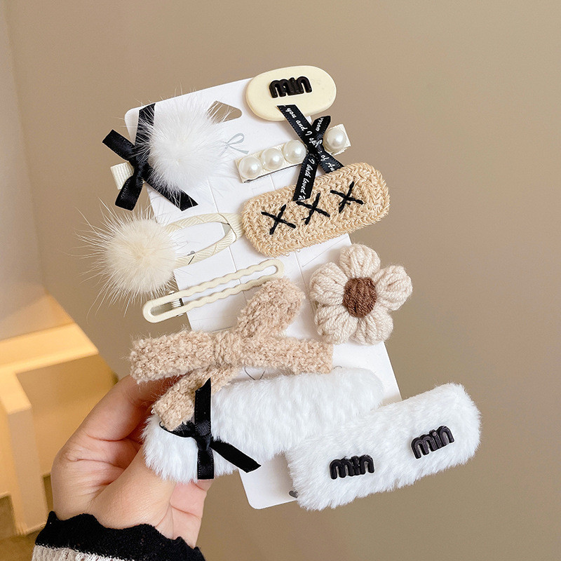 10 bucăți/set clemă de păr cu bile de pluș clemă pentru breton cu flori țesute agrafă pentru coafură pentru femei, iarna 2022, stil nou, agrafă pentru picior de rață