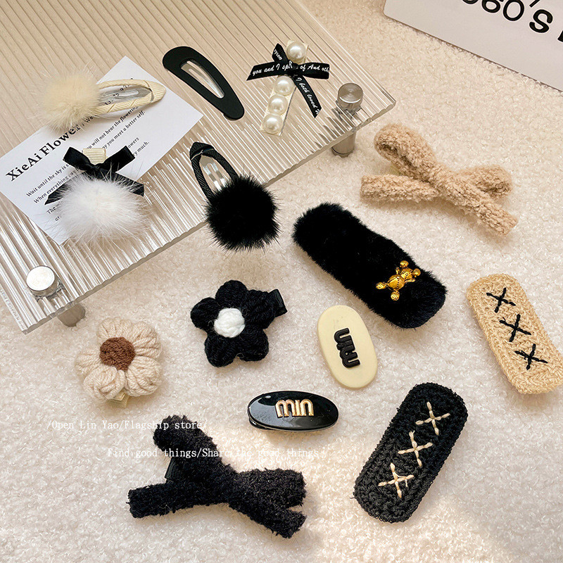 10 bucăți/set clemă de păr cu bile de pluș clemă pentru breton cu flori țesute agrafă pentru coafură pentru femei, iarna 2022, stil nou, agrafă pentru picior de rață