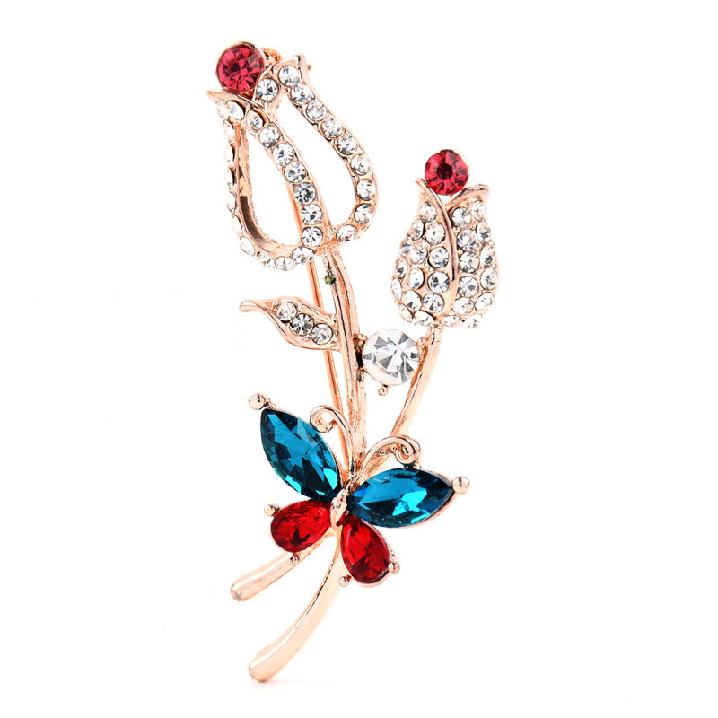 Broșă de lalele fluture multicoloră cu stras pentru femei Broșă de lux pentru petrecere de birou în 2 culori Bijuterii Cadouri