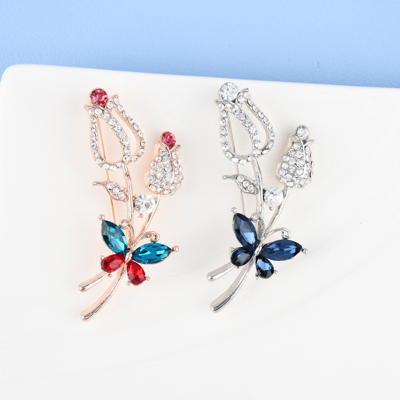 Broșă de lalele fluture multicoloră cu stras pentru femei Broșă de lux pentru petrecere de birou în 2 culori Bijuterii Cadouri
