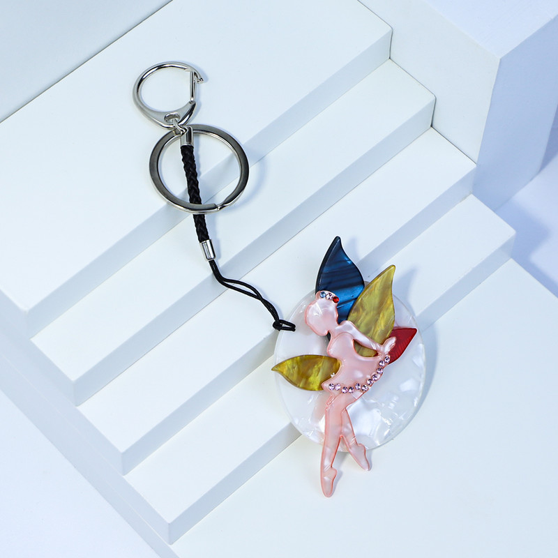 Încântător breloc arcylic lucrat manual, zână cu flori, breloc cheie din oțel inoxidabil, lanț cheie pentru femei, copii, bijuterii, accesorii cadou