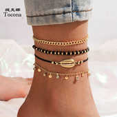 Tocona 4 τμχ/σετ Boho Μαύρη χάντρα κοχύλι ποδιών αλυσίδα για γυναίκες Χρυσό χρώμα από κράμα Μεταλλικές φούντες μπρούτζια καλοκαιρινά κοσμήματα δώρο 17495