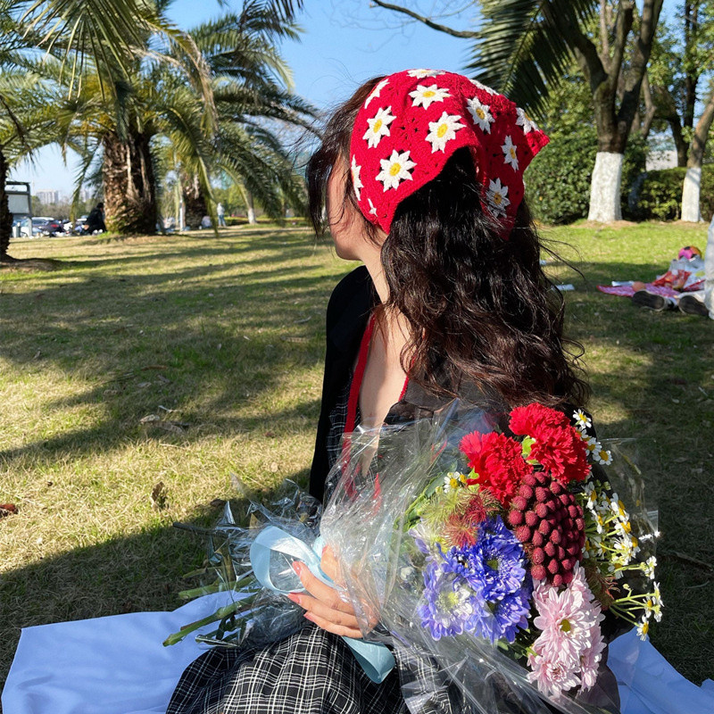 Moda coreeană Daisy Hand Croșetat Triunghi Triunghi Esarfă Fată Vară Bandana Turban Bentițe pentru femei Accesorii pentru păr Y2K