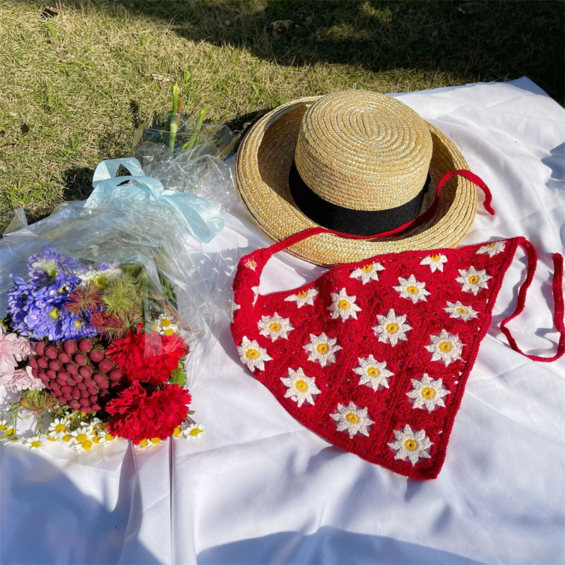 Moda coreeană Daisy Hand Croșetat Triunghi Triunghi Esarfă Fată Vară Bandana Turban Bentițe pentru femei Accesorii pentru păr Y2K